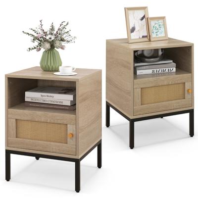 2-delige set Rattan Nachttafel met Open Rek & Kast Nachtkastje Bijzettafel Natuur