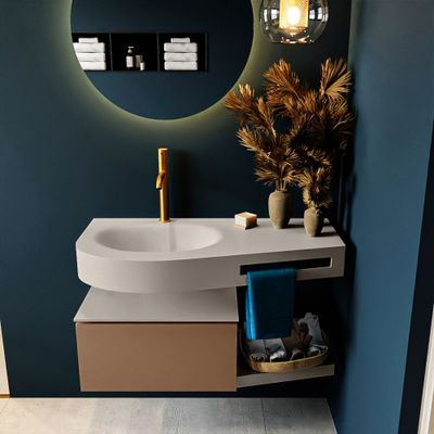 MONDIAZ RIVA 100cm badmeubel onderkast / planchet kleur Rust met 1 lade. Wastafel DULCET links 1 kraangat kleur Linen.