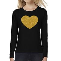 Hart van goud glitter t-shirt long sleeve zwart voor dames