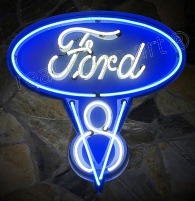 Ford V8 Neon Verlichting XL Metalen Bak 70 x 72 cm - Blauw, Wit