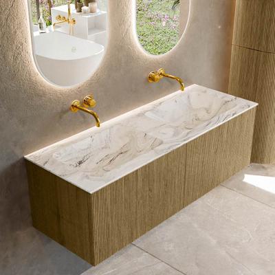 Badmeubel Mondiaz Kurve-Dlux | 130 cm cm | Meubelkleur Dusk | Wastafelkleur Glace | Solid surface | Wasbak beiden zijden spoelbak | Zonder kraangat(en)