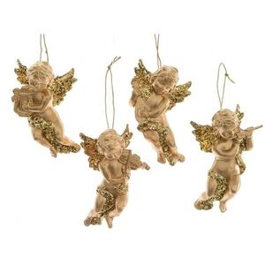 4x Gouden engelen met instrumenten kerst hangdecoratie 10 cm