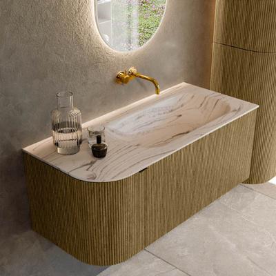 Badmeubel Mondiaz Kurve-Dlux | 105 cm | Meubelkleur Dusk | Wastafelkleur Nata | Solid surface | Wasbak rechter zijde spoelbak | Zonder kraangat(en)