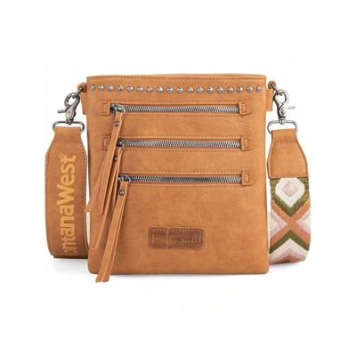 Bon&Bon West Cow Print Crossbody Bag with Guitar Strap - Multi Pocket Brown