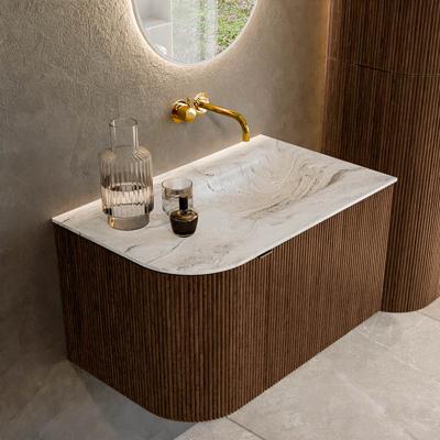 Badmeubel Mondiaz Kurve-Dlux | 75 cm | Meubelkleur Walnut | Wastafelkleur Glace | Solid surface | Rechts spoelbak | Zonder kraangat(en)
