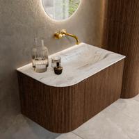 Badmeubel Mondiaz Kurve-Dlux | 75 cm | Meubelkleur Walnut | Wastafelkleur Glace | Solid surface | Rechts spoelbak | Zonder kraangat(en)