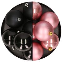 12x stuks kunststof kerstballen 8 cm mix van zwart en velvet roze   -