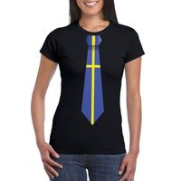 Zwart t-shirt met Zweden vlag stropdas dames - thumbnail