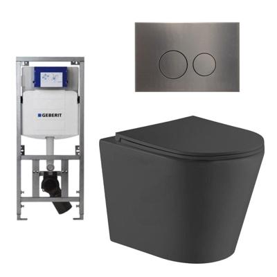 QeramiQ Dely Toiletset - 36.3x51.7cm - diepspoel - rimless - Geberit UP320 Burda inbouwreservoir - softclose toiletzitting - gunmetal bedieningsplaat - ronde knoppen - zwart mat SW1026253/0701131/SW706198/SW1000768