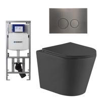 QeramiQ Dely Toiletset - 36.3x51.7cm - diepspoel - rimless - Geberit UP320 Burda inbouwreservoir - softclose toiletzitting - gunmetal bedieningsplaat - ronde knoppen - zwart mat SW1026253/0701131/SW706198/SW1000768