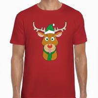 Kerst t-shirt voor heren - rood - Rendier Rudolf - groene kerstmuts