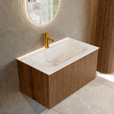 Mondiaz KURVE-DLUX 80 cm Onderkast Greeploos 1 Lade Zonder Deuren Walnut, Wastafel Solid Surface Volledig Frappe 1 Kraangat Zonder Spiegel (KRVBGS801L0D1KM-Wal/Fra)