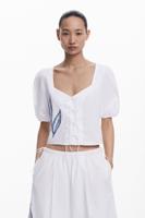 Blouse met geborduurde pofmouwen - WHITE - L