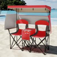 Campingstoel met Verstelbare Zonnebescherming Opvouwbare Stoel met Koeltas & Bekhouder Rood
