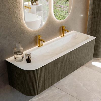 Badmeubel Mondiaz Kurve-Dlux | 145 cm cm | Meubelkleur Shadow | Wastafelkleur Ostra | Solid surface | Wasbak rechter zijde spoelbak | 2 kraangaten