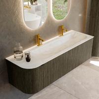 Badmeubel Mondiaz Kurve-Dlux | 145 cm cm | Meubelkleur Shadow | Wastafelkleur Ostra | Solid surface | Wasbak rechter zijde spoelbak | 2 kraangaten