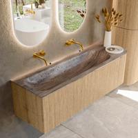 Badmeubel Mondiaz Kurve-Dlux | 145 cm | Meubelkleur Oak | Wastafelkleur Oza | Solid surface | Wasbak linker zijde spoelbak | Zonder kraangat(en)