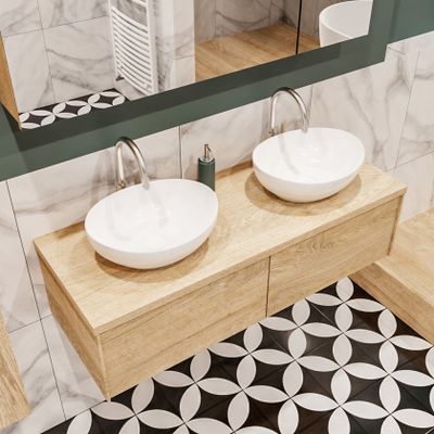 Mondiaz Lush Barco badmeubel Washed oak 120 cm 2 lades mdf 2 waskommen beide zijden 2 kraangaten