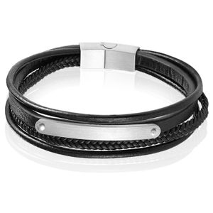 Mendes Heren Armband Zwart Leer Edelstaal ID Graveerplaat Zilverkleurig-21cm