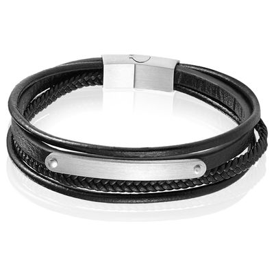 Mendes Heren Armband Zwart Leer Edelstaal ID Graveerplaat Zilverkleurig