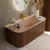 Badmeubel Mondiaz Kurve-Dlux | 110 cm | Meubelkleur Walnut | Wastafelkleur Saba | Solid surface | Wasbak midden spoelbak | 1 kraangat