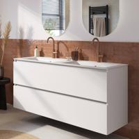 Saqu Terra badmeubel incl. dubbele glans witte keramische wastafel 141x51x66cm super wit mat