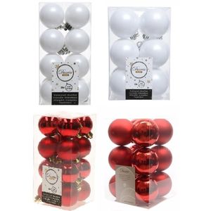 Kerstversiering kunststof kerstballen mix rood/ winter wit 4 en 6 cm pakket van 80x stuks