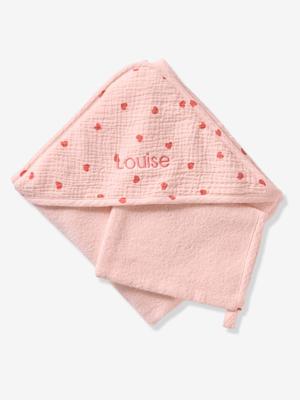 Badcape + washandje MIJN HART roze, bedrukt