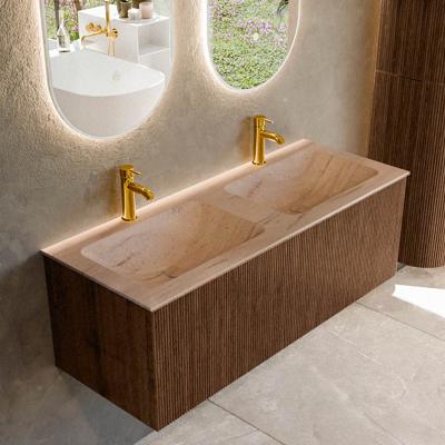 Badmeubel Mondiaz Kurve-Dlux | 120 cm | Meubelkleur Walnut | Wastafelkleur Saba | Solid surface | Wasbak beide zijden spoelbak | 2 kraangaten