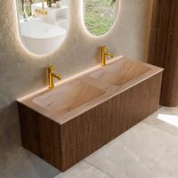 Badmeubel Mondiaz Kurve-Dlux | 120 cm | Meubelkleur Walnut | Wastafelkleur Saba | Solid surface | Wasbak beide zijden spoelbak | 2 kraangaten