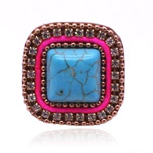 Handgemaakte verstelbare leren ring vierkant blauw goud met turkoois en kristal