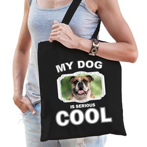 Katoenen tasje my dog is serious cool zwart - Britse bulldog honden cadeau tas - Feest Boodschappentassen