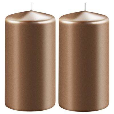 2x Metallic koperen cilinderkaarsen/stompkaarsen 6 x 12 cm 45 branduren