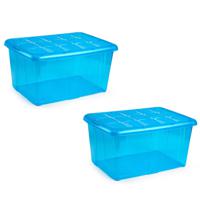 Plasticforte opslagbak organizers met deksel - 3x - transparant/blauw - 60 liter - kunststof