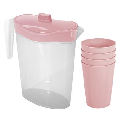 Waterkan/sapkan met deksel roze - 2,5 liter - kunststof - met 4x stuks kunststof glazen 300 ml
