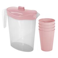 Waterkan/sapkan met deksel roze - 2,5 liter - kunststof - met 4x stuks kunststof glazen 300 ml