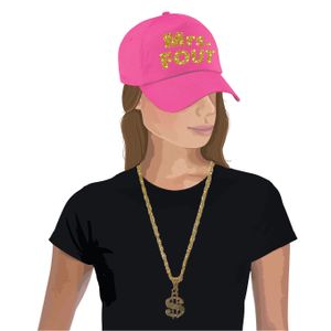 Mrs. FOUT baseballcap roze/goud dames en een gouden dollarketting