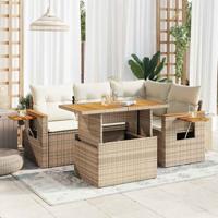 5-delige Loungeset met kussens poly rattan en acaciahout beige
