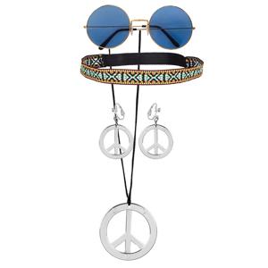 Hippie Sixties verkleed set dames - bril met ronde glazen blauw - peace thema ketting met oorbellen