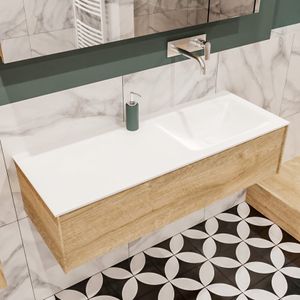 Mondiaz Lush Cloud badmeubel eiken licht 120 cm 1 lade solid surface enkele spoelbak rechts zonder kraangat
