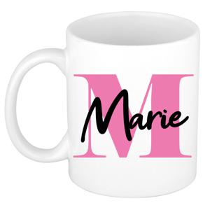 Naam mok Marie - roze - wit - keramiek - 300 ml - verjaardag/cadeau beker