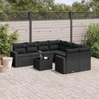 9-delige Loungeset met kussens poly rattan zwart