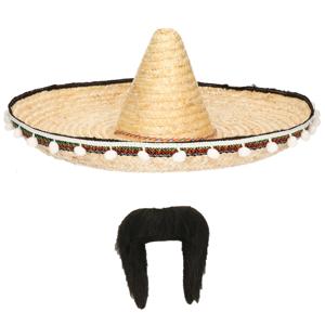 Carnaval verkleed set - Mexicaanse sombrero hoed met plaksnor - naturel - heren