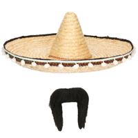 Carnaval verkleed set - Mexicaanse sombrero hoed met plaksnor - naturel - heren