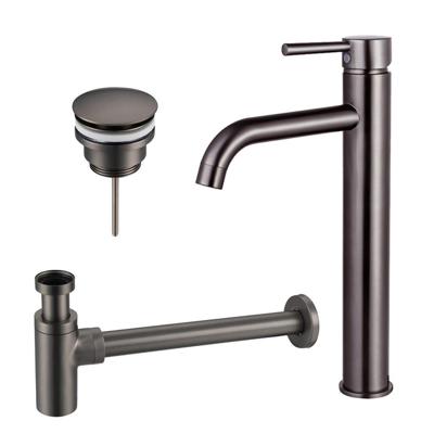 Fortifura Calvi Wastafelkraanset - verhoogde wastafelkraan - klikwaste plug - design sifon - Geborsteld Gunmetal PVD SW766541/SW767288/SW767297