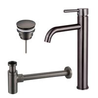 Fortifura Calvi Wastafelkraanset - verhoogde wastafelkraan - klikwaste plug - design sifon - Geborsteld Gunmetal PVD SW766541/SW767288/SW767297