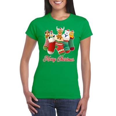 Foute Kerst t-shirt - kerstsokken met diertjes - Merry Christmas - groen - voor dames - kersttruien