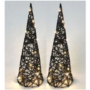 LED kegel/piramide kerstboom lamp - 2x st - zwart - rotan - H40 cm