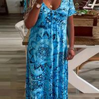 Bon&Bon Women's Blue Floral Boho Maxi Dress - V-Neck Summer Vacation Smock Blue / 3XL