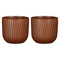 2x Stuks Plantenpot/bloempot keramiek mat bruin stripes patroon - D12.5/H11 cm - Plantenpotten - thumbnail